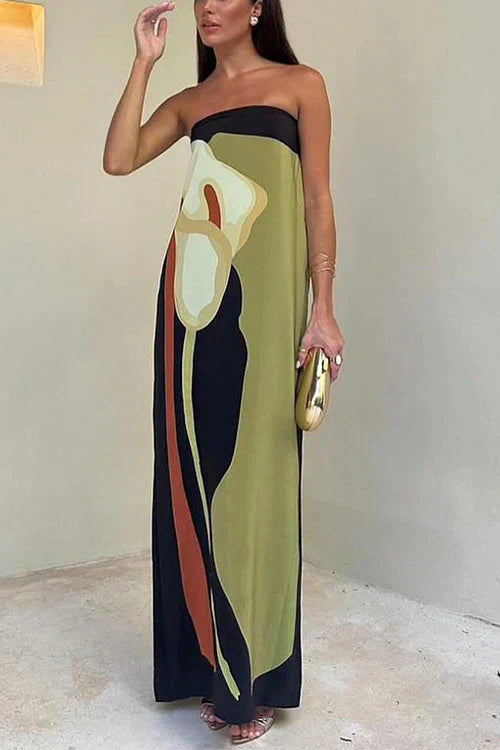 Women'S Luxe Strapless Maxi Dress Elegant Print Evening Gown