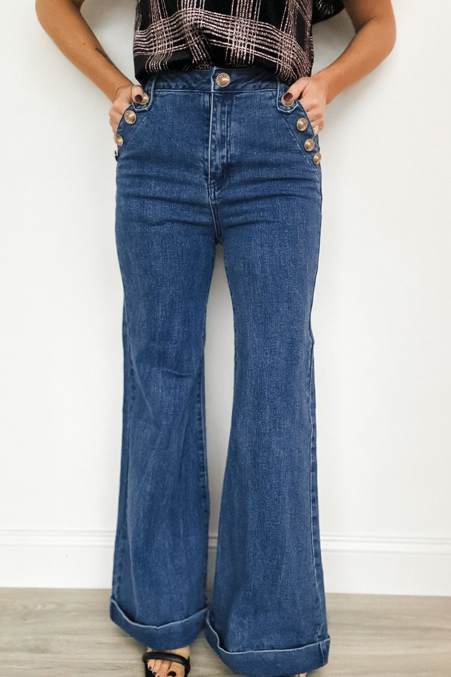 Women's Flare Leg Jeans With Golden Button Detail