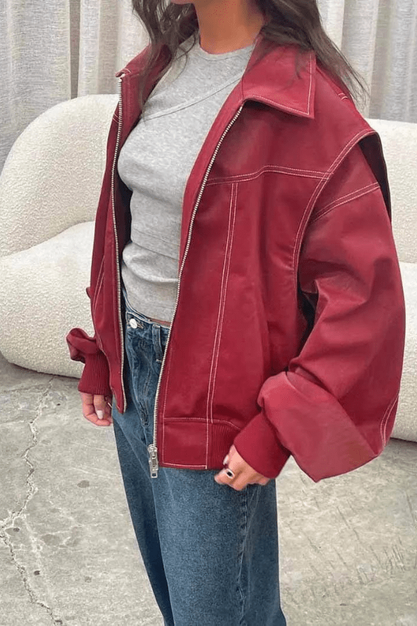 Women’s Premium Vegan Leather Bomber Jacket Timeless Fit