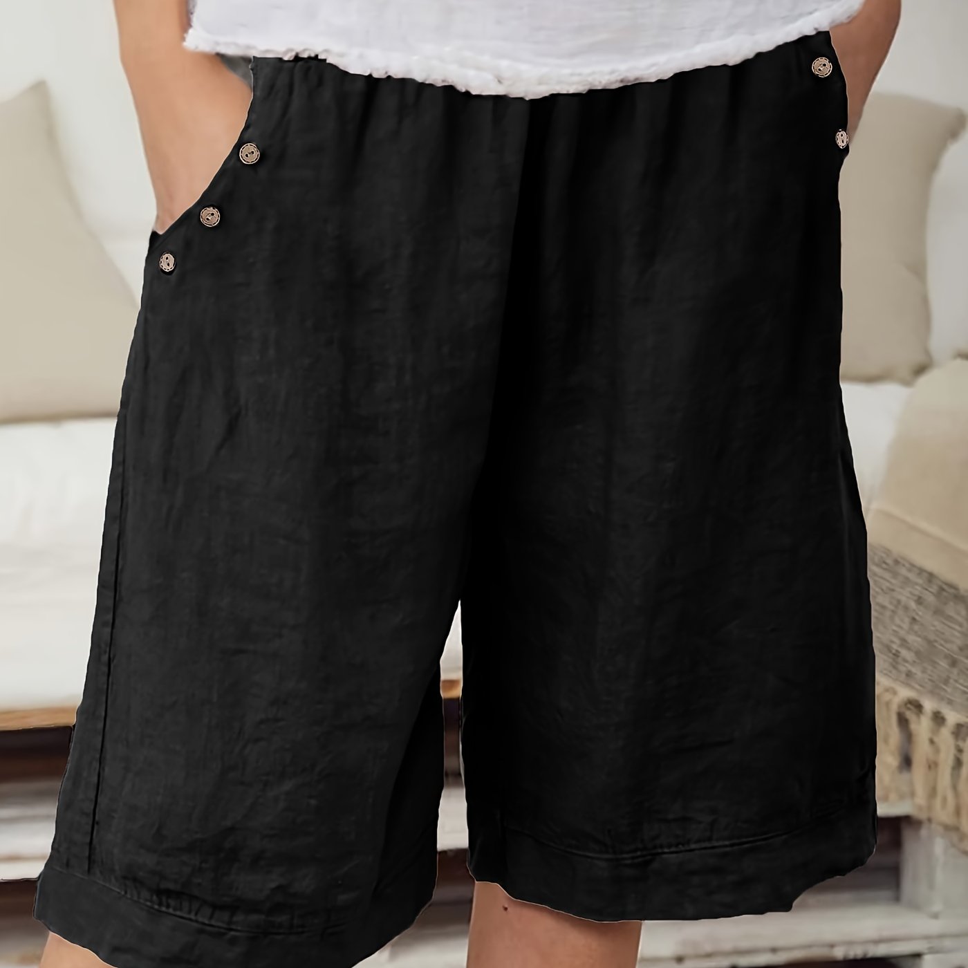 Plus Size Women's Elegant Vacation Shorts with Button Detail