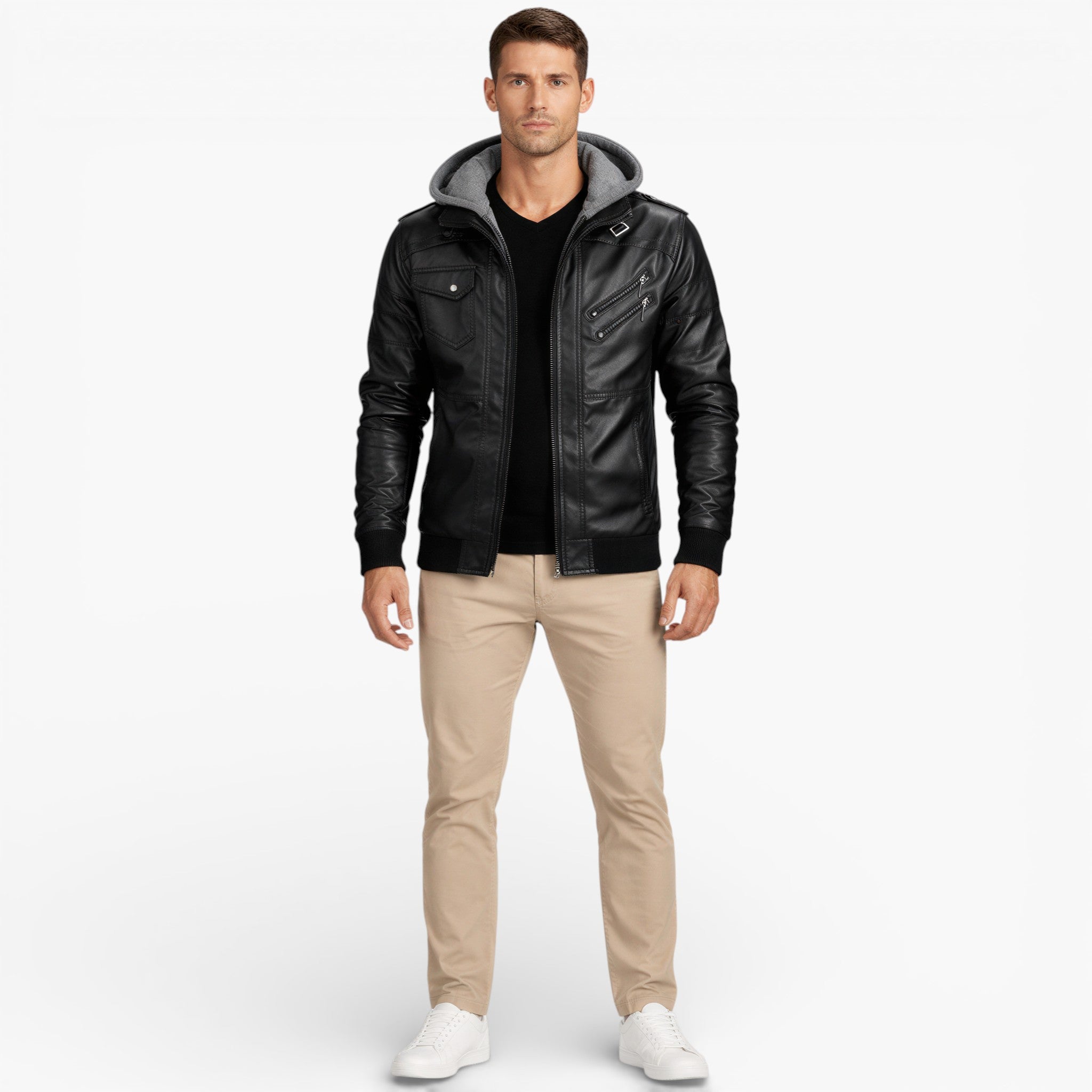 Men’s Midseason Hooded Faux Leather Jacket Lightweight Daily Wear