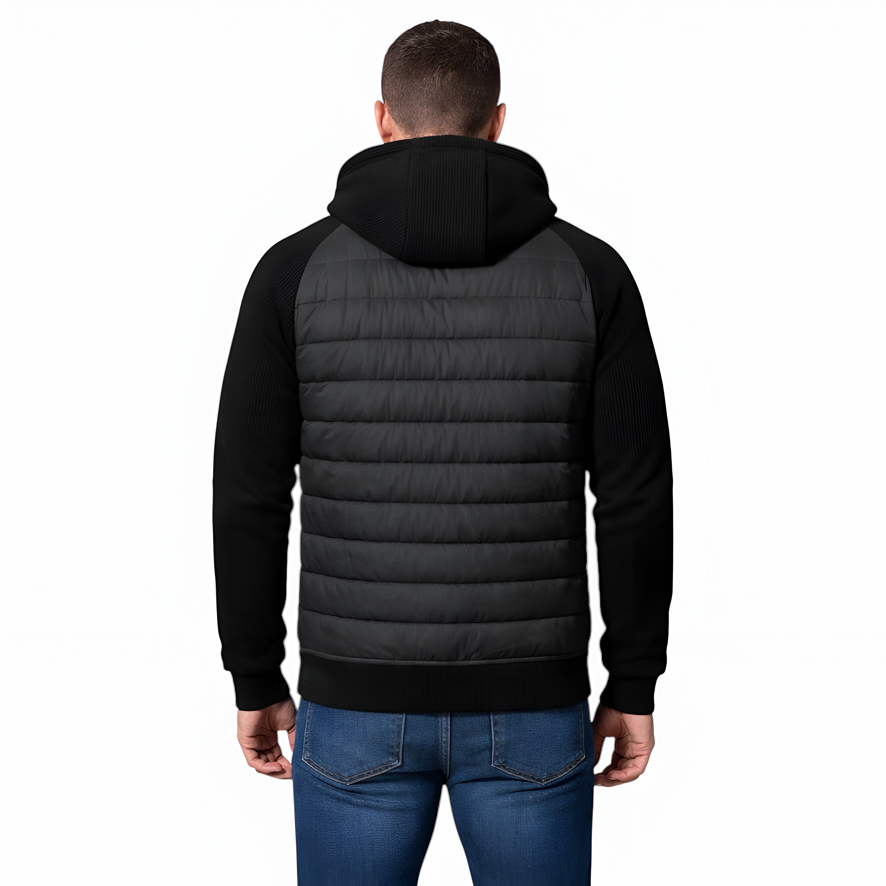 Men’s Classic Hooded Puffer Jacket with Knit Sleeve Design