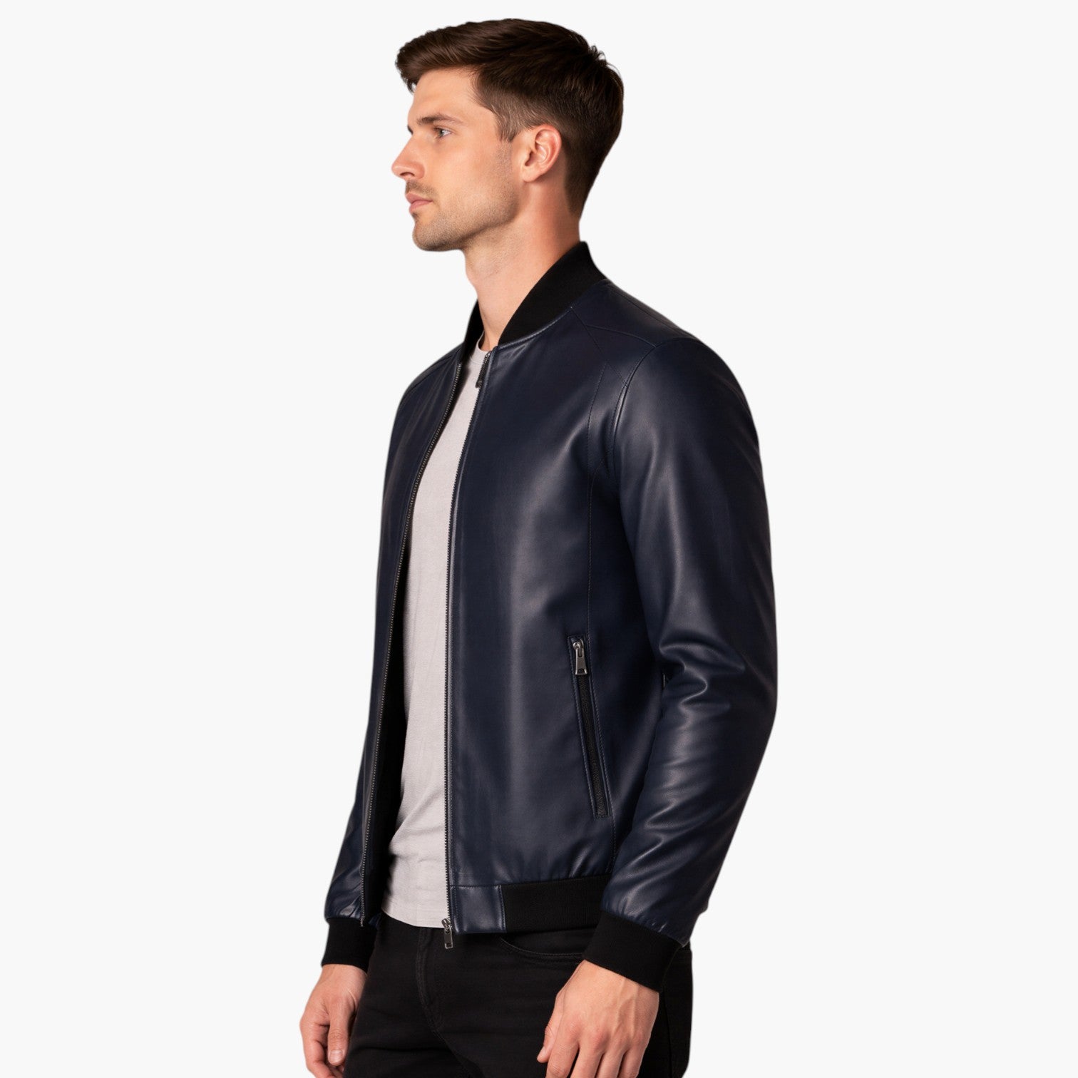 Men’s Classic Faux Leather Zip Jacket Ribbed Hem