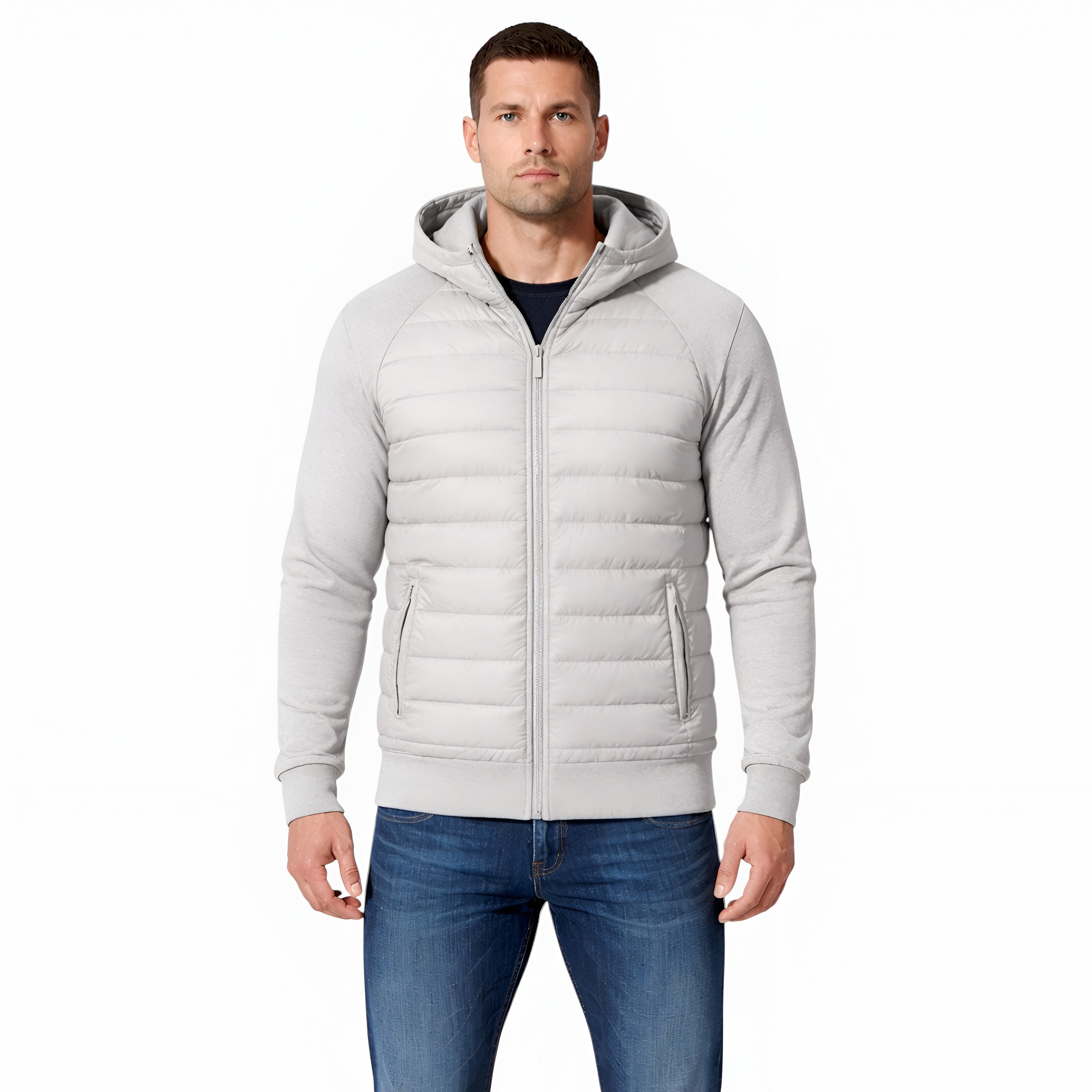 Men’s Classic Hooded Puffer Jacket with Knit Sleeve Design