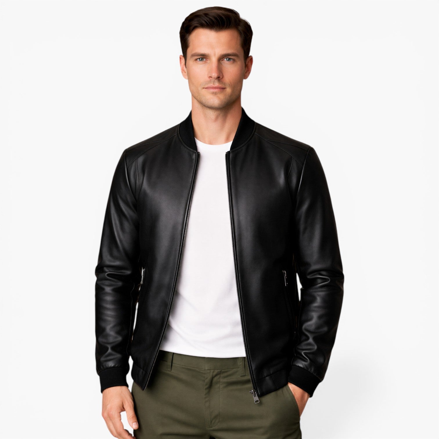 Men’s Classic Faux Leather Zip Jacket Ribbed Hem