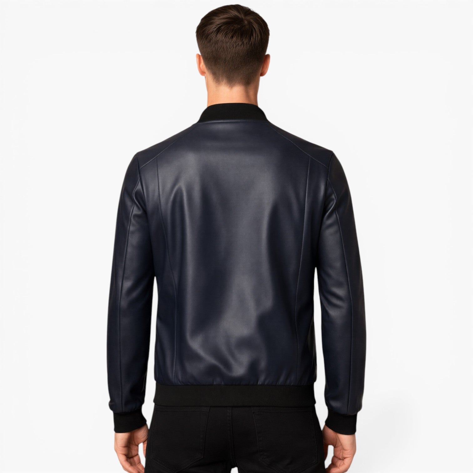Men’s Classic Faux Leather Zip Jacket Ribbed Hem