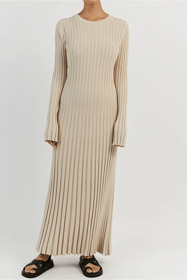 Women's Knit Maxi Dress Ruffle Hem Long Sleeve Fit