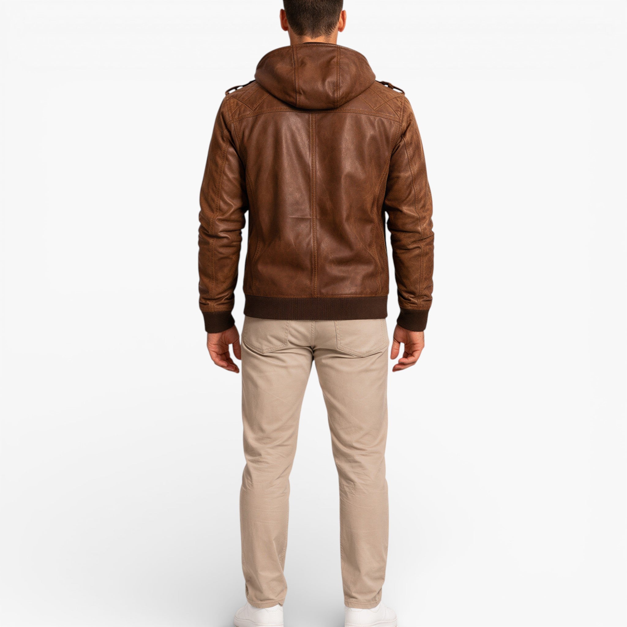 Men’s Midseason Hooded Faux Leather Jacket Lightweight Daily Wear