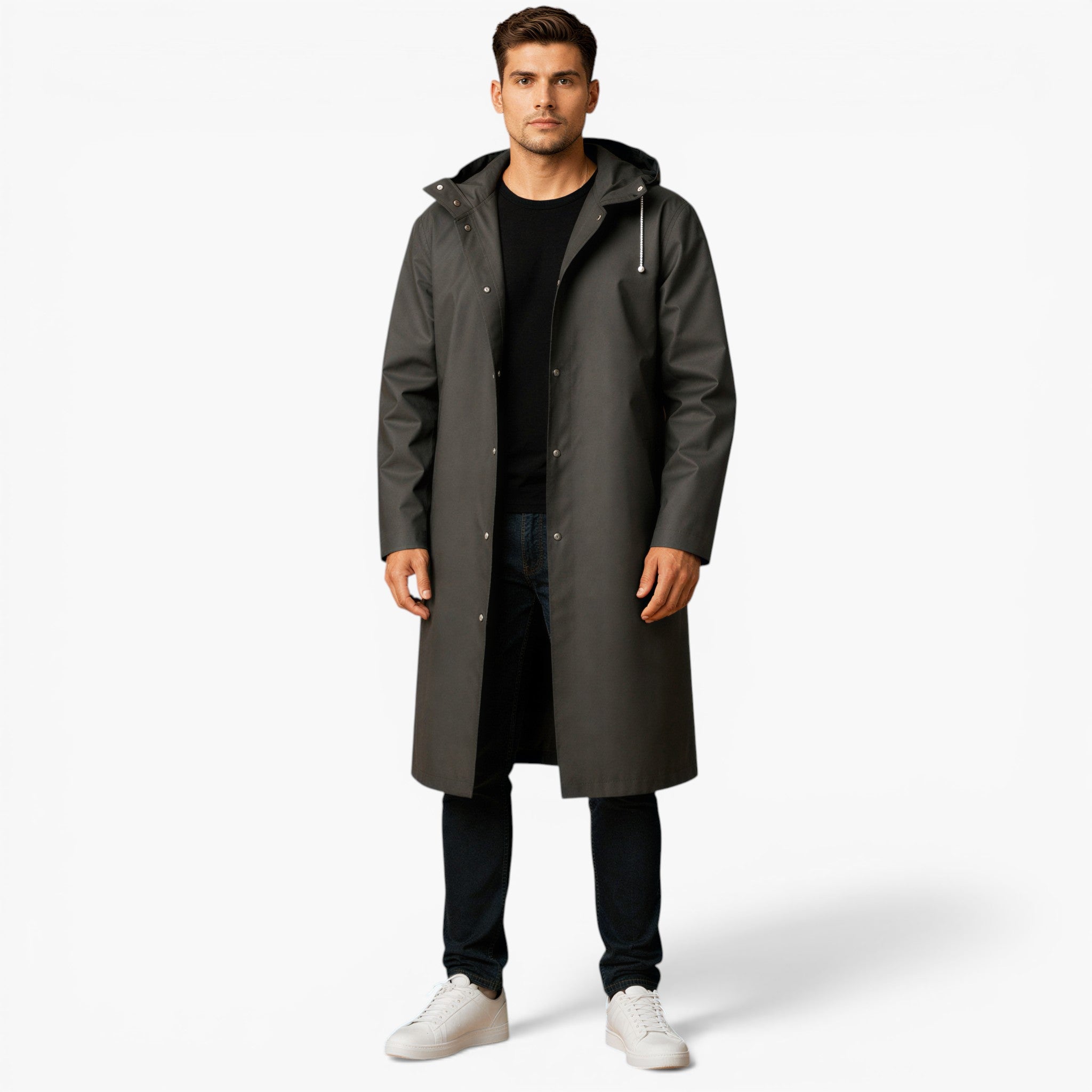 Men’s Long Waterproof Raincoat Classic Hooded All Season Jacket