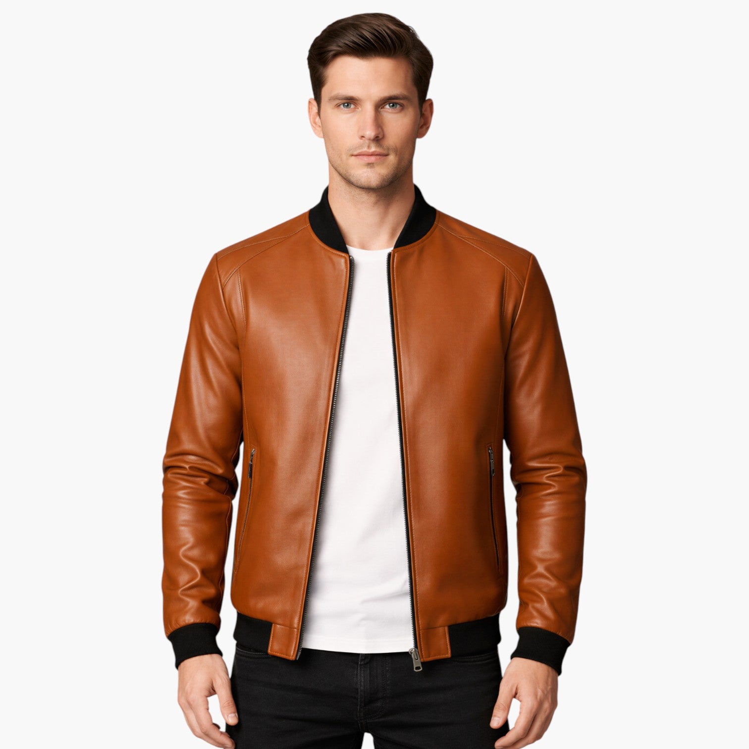 Men’s Classic Faux Leather Zip Jacket Ribbed Hem