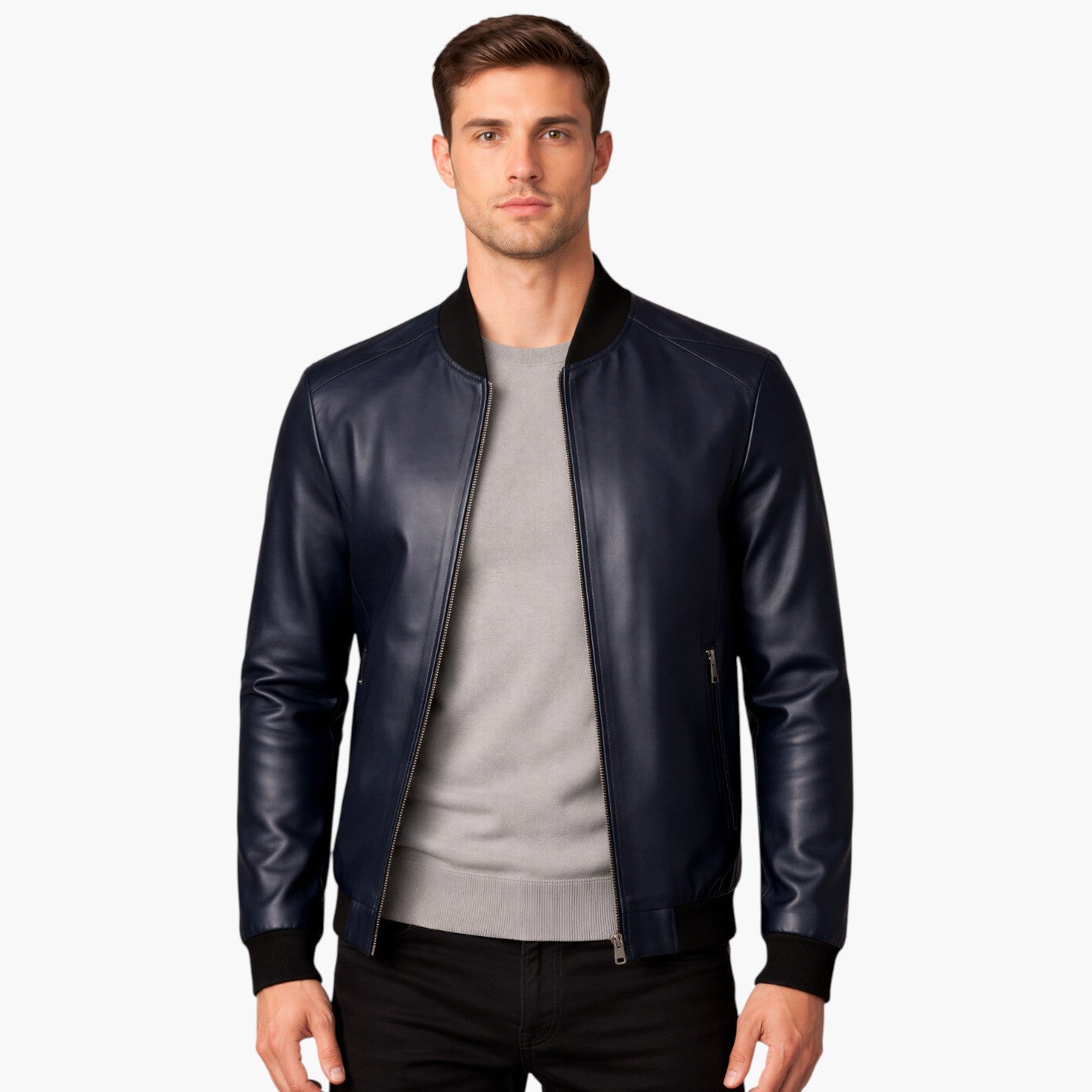 Men’s Classic Faux Leather Zip Jacket Ribbed Hem