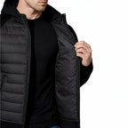 Men’s Classic Hooded Puffer Jacket with Knit Sleeve Design