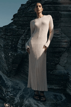 Women's Knit Maxi Dress Ruffle Hem Long Sleeve Fit