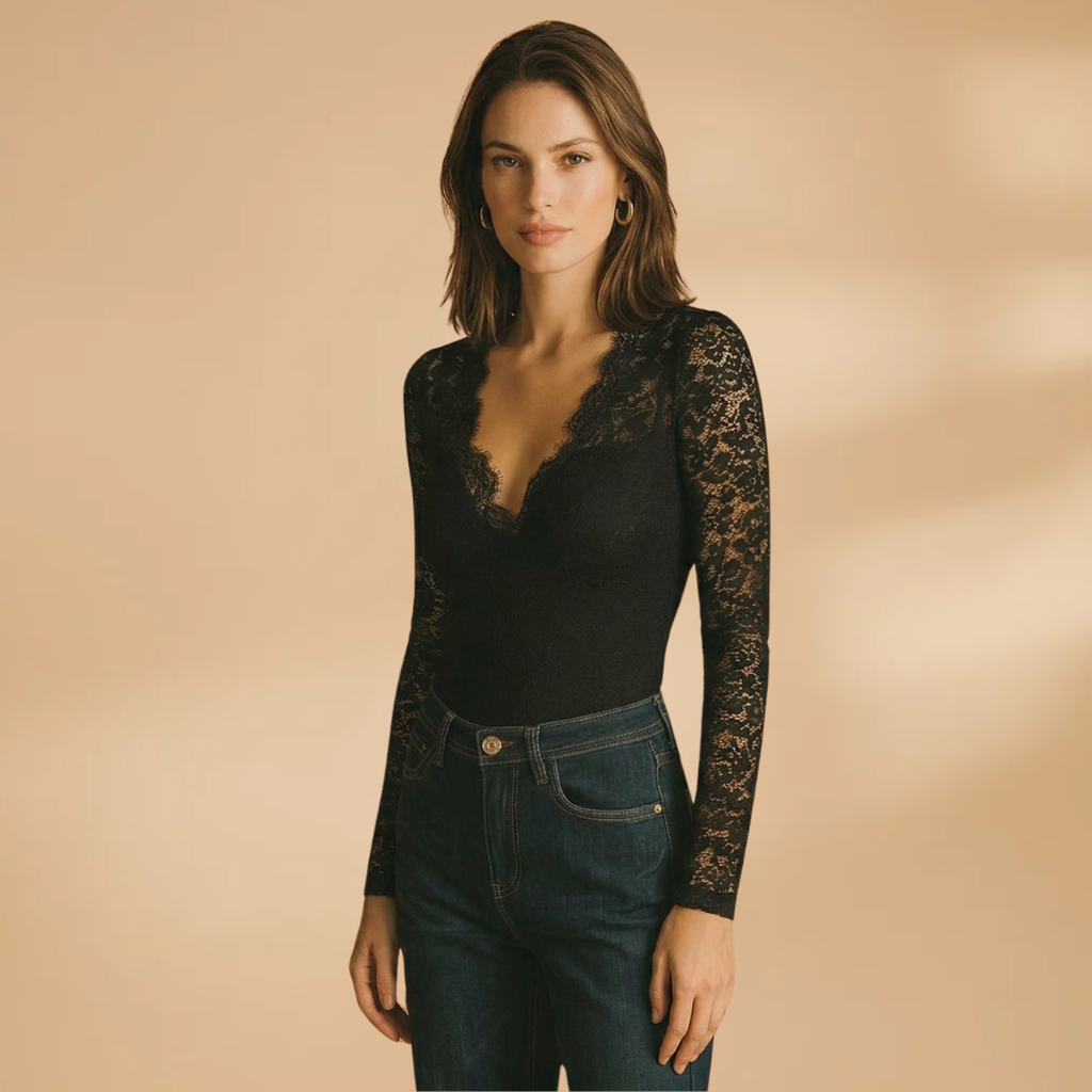 Women's Lace Bodysuit Deep V-Neck Fitted Design Long Sleeves