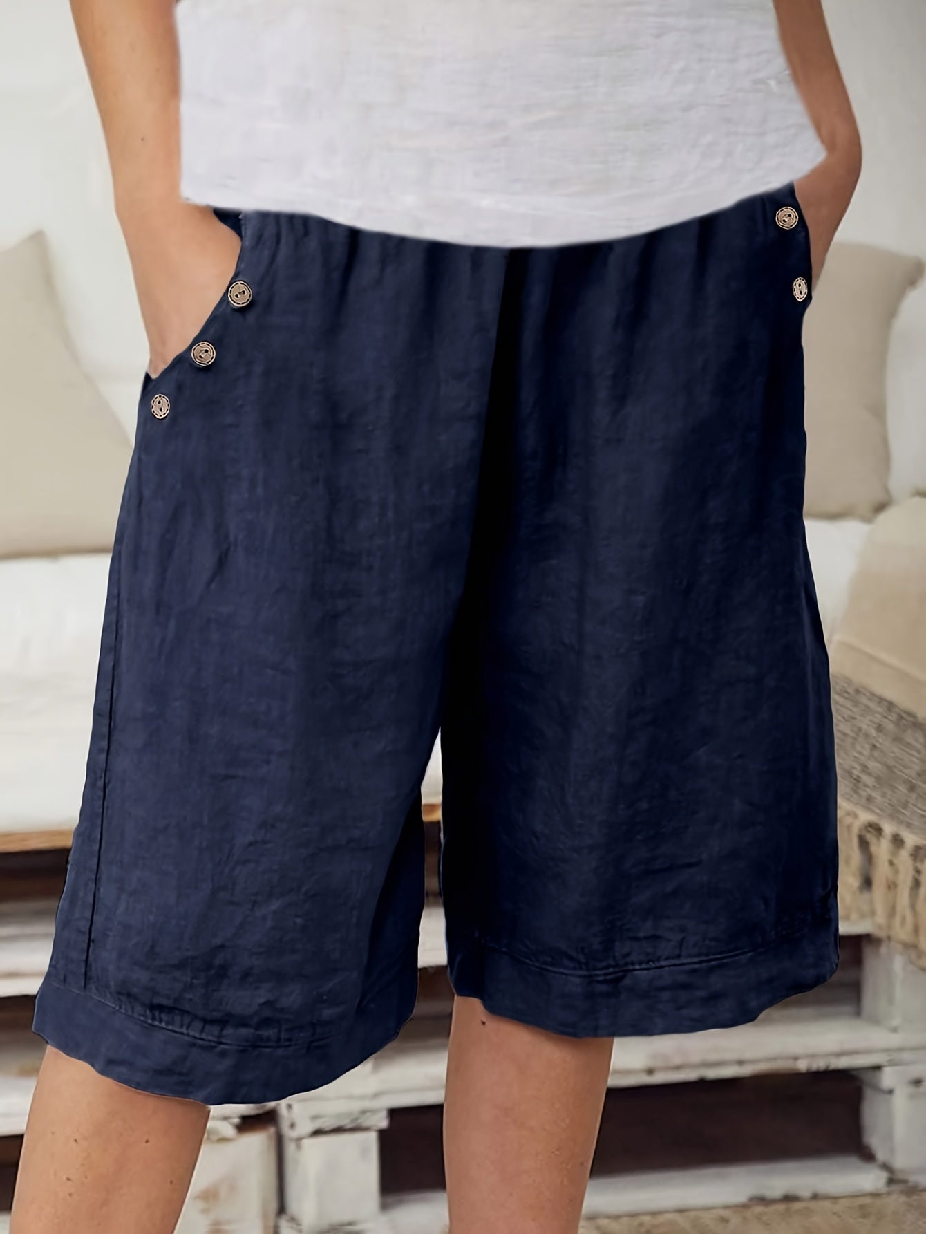 Plus Size Women's Elegant Vacation Shorts with Button Detail