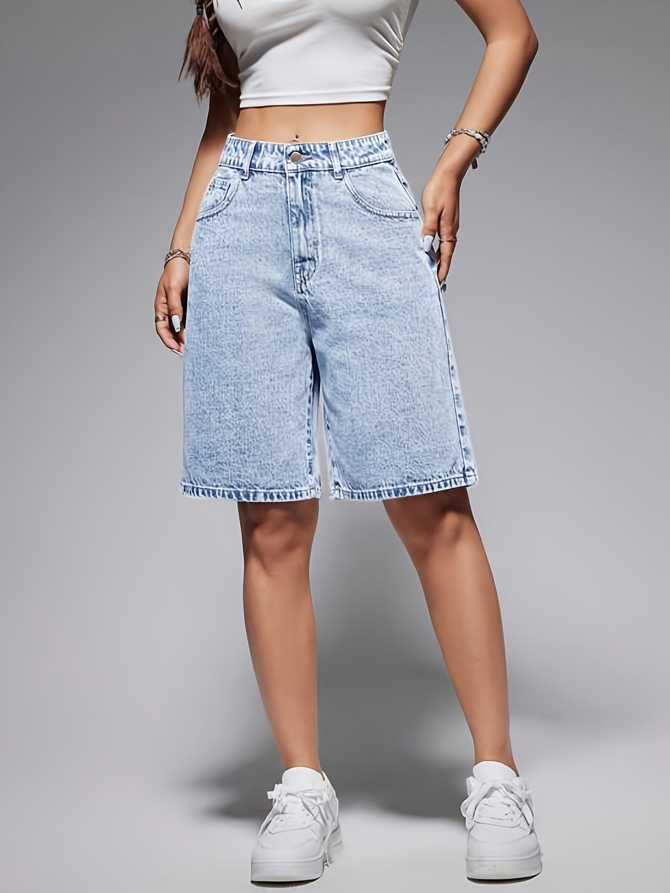Women's High-Waisted Stretch Denim Bermuda Shorts Casual Fit