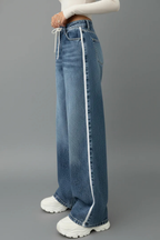 Women's Relaxed Wide Leg Denim Jeans Drawstring Waist Five Pocket