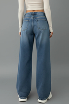 Women's Relaxed Wide Leg Denim Jeans Drawstring Waist Five Pocket