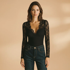 Women's Lace Bodysuit Deep V-Neck Fitted Design Long Sleeves