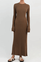 Women's Knit Maxi Dress Ruffle Hem Long Sleeve Fit