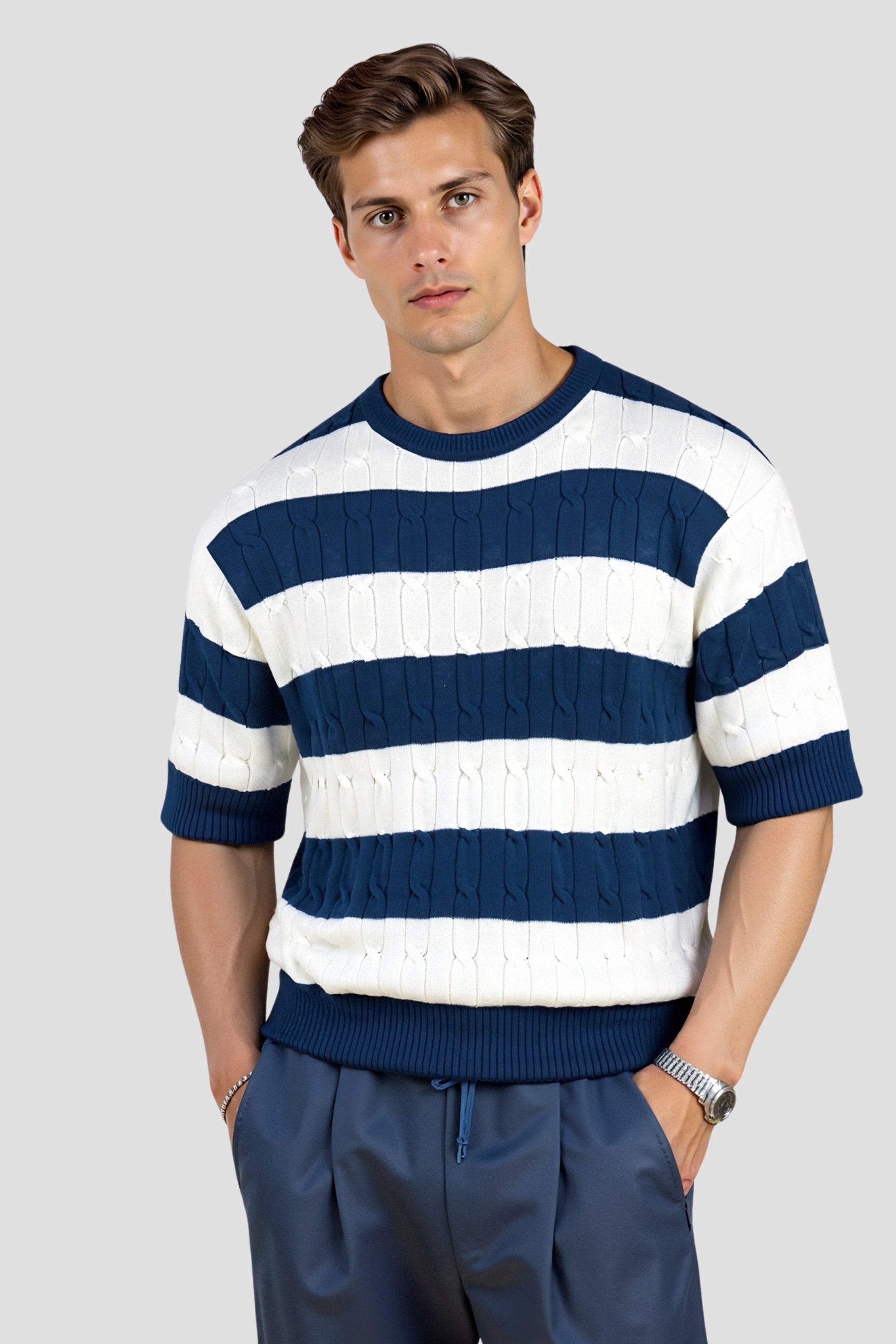 Men's Short Sleeve Striped Sweater Fine Knit Casual Top