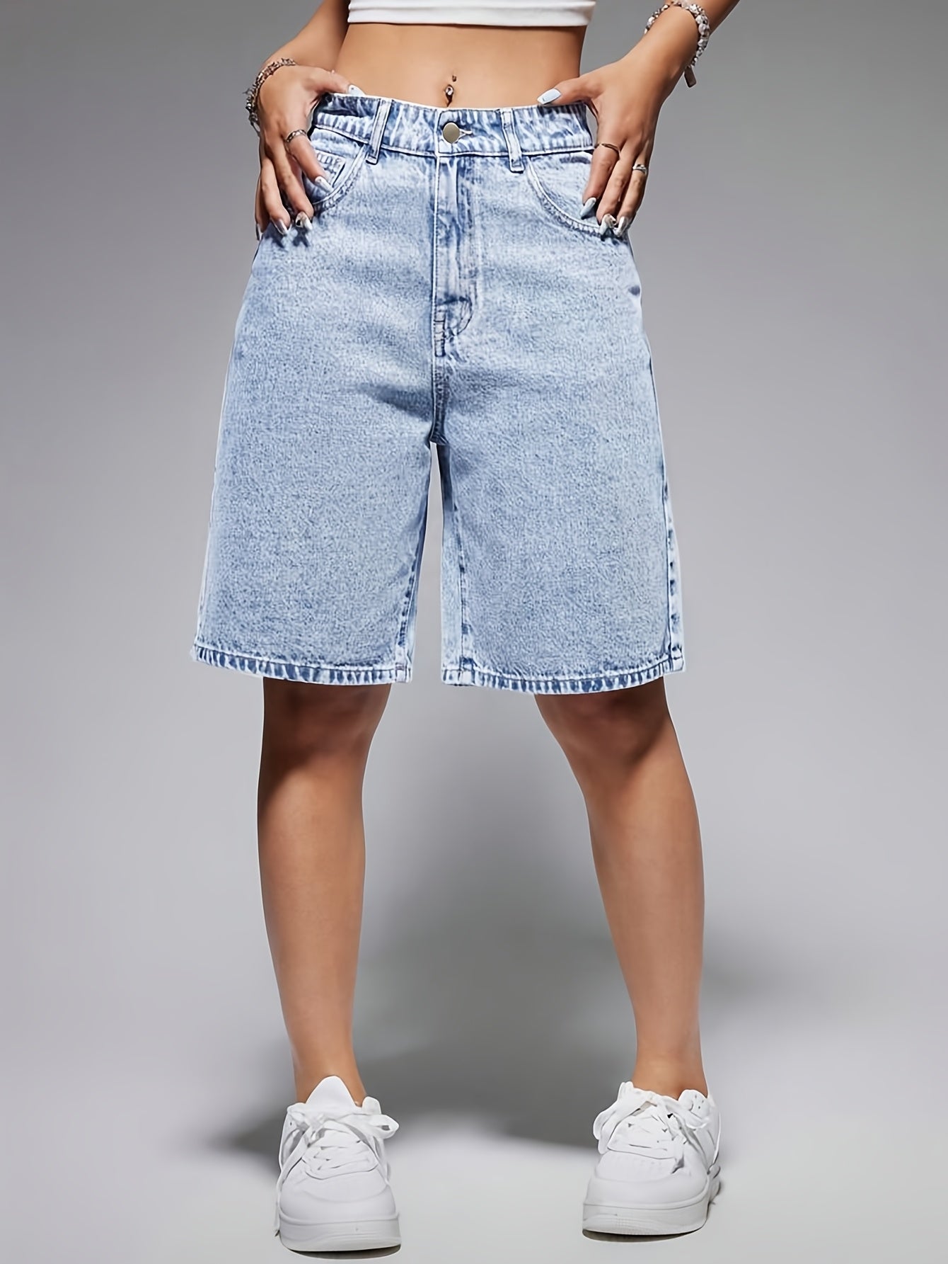 Women's High-Waisted Stretch Denim Bermuda Shorts Casual Fit