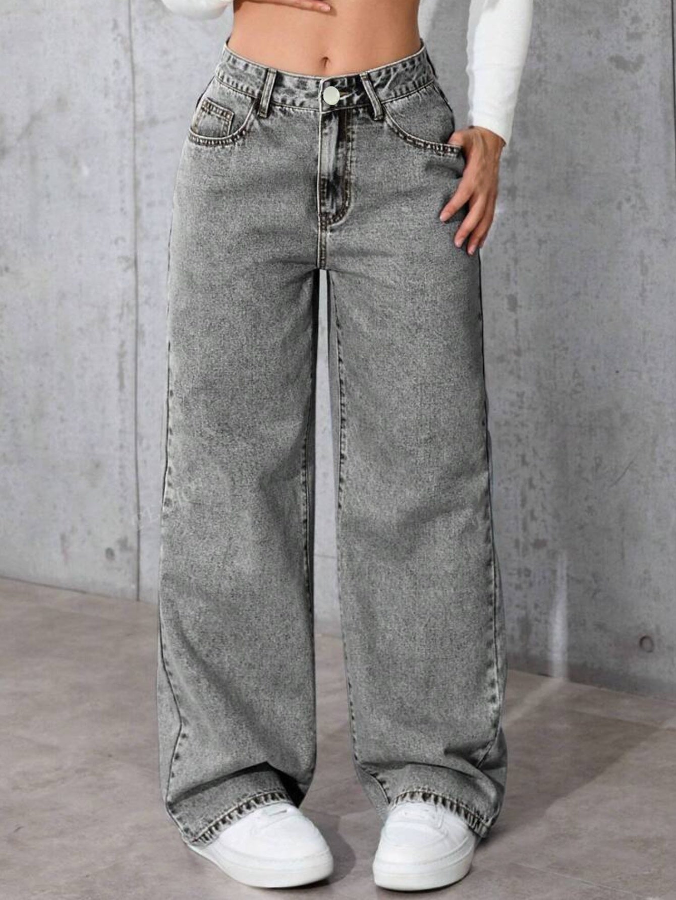 Women's High-Waisted Wide-Leg Jeans Elegant Cotton Trousers