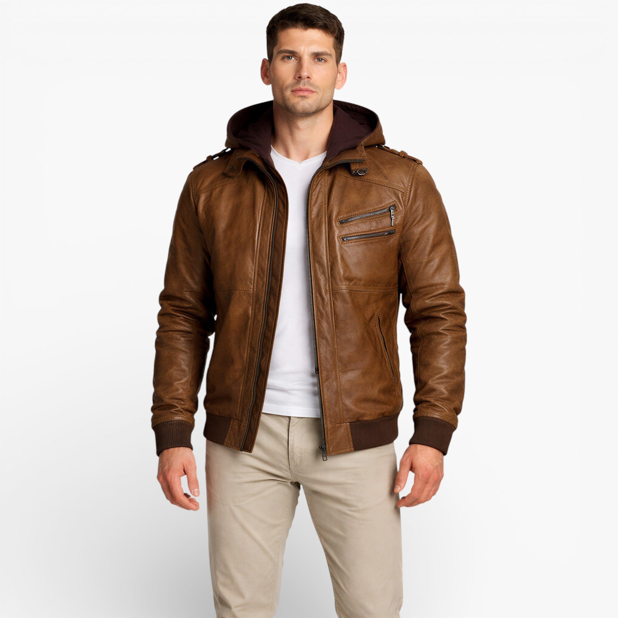 Men’s Midseason Hooded Faux Leather Jacket Lightweight Daily Wear