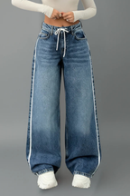 Women's Relaxed Wide Leg Denim Jeans Drawstring Waist Five Pocket