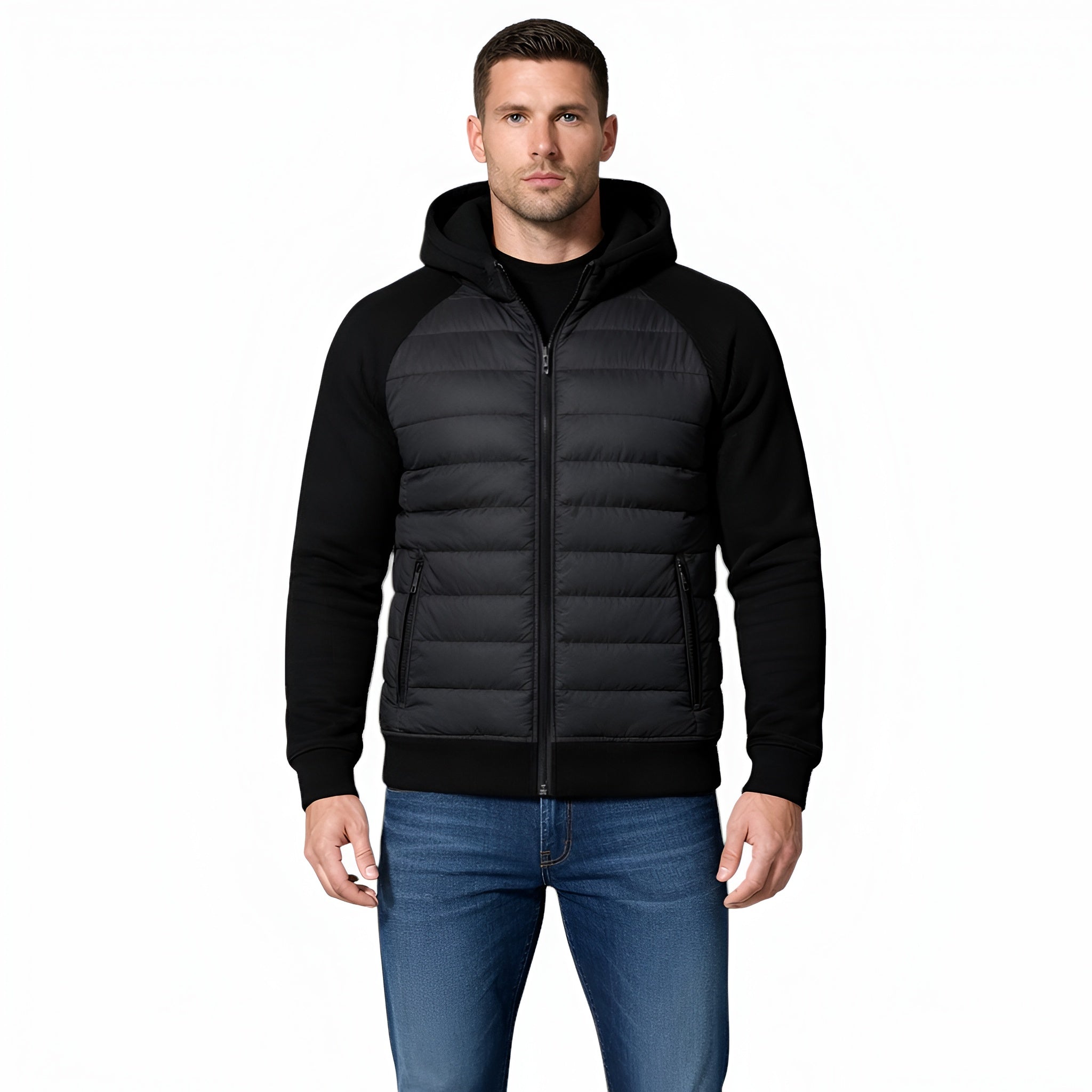 Men’s Classic Hooded Puffer Jacket with Knit Sleeve Design