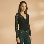 Women's Lace Bodysuit Deep V-Neck Fitted Design Long Sleeves