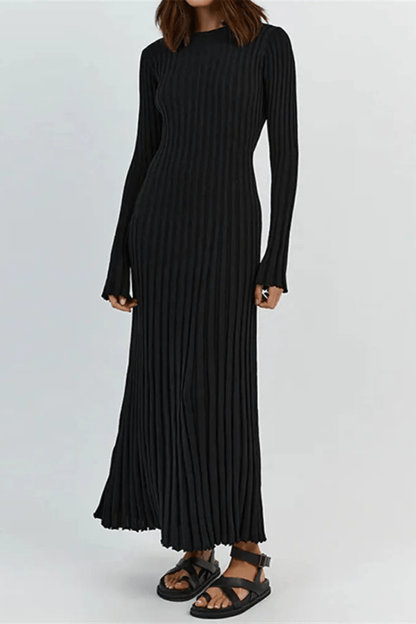 Women's Knit Maxi Dress Ruffle Hem Long Sleeve Fit