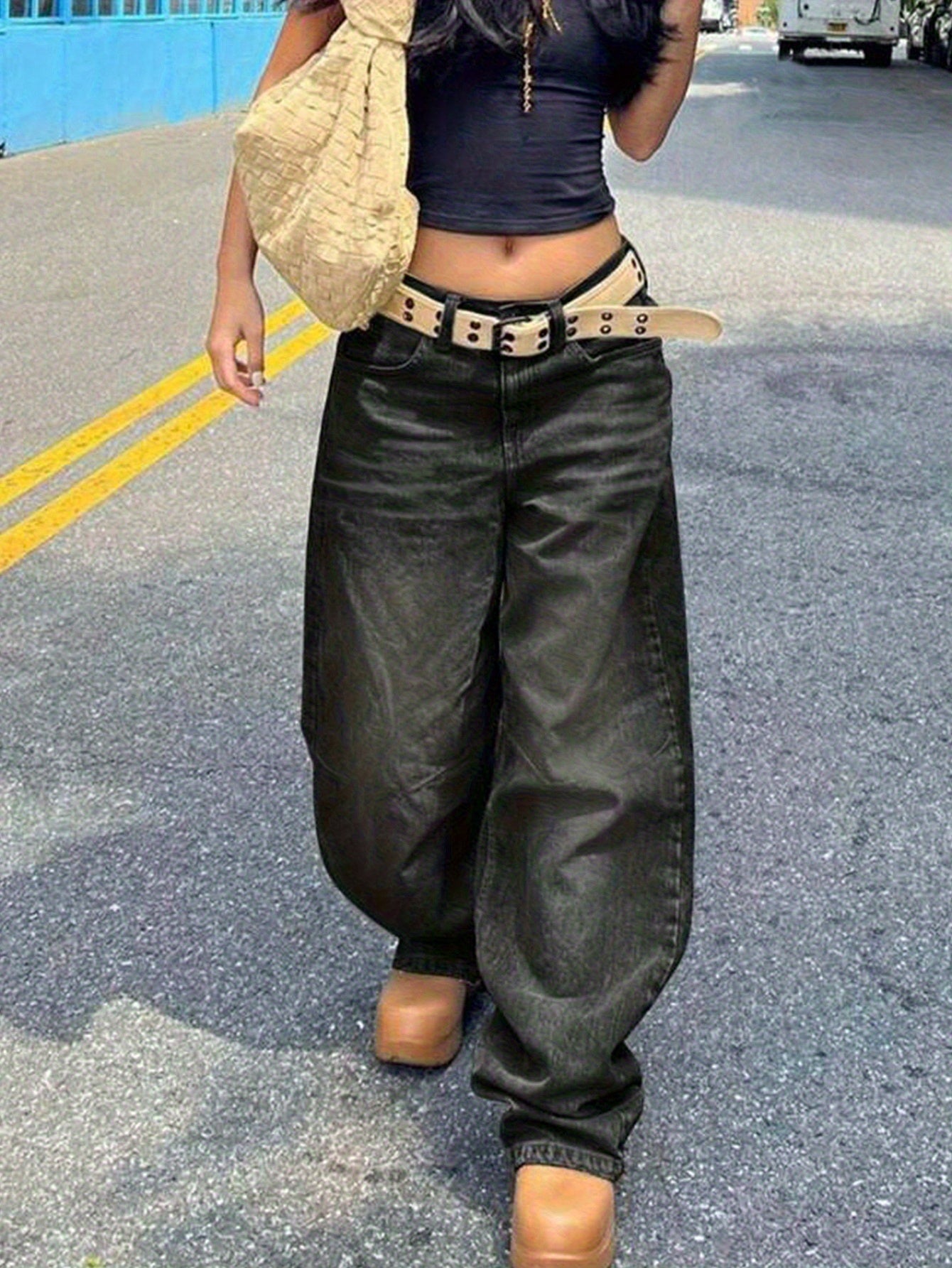 High Waist Non-Elastic Wide Leg Pants Casual Denim Trousers