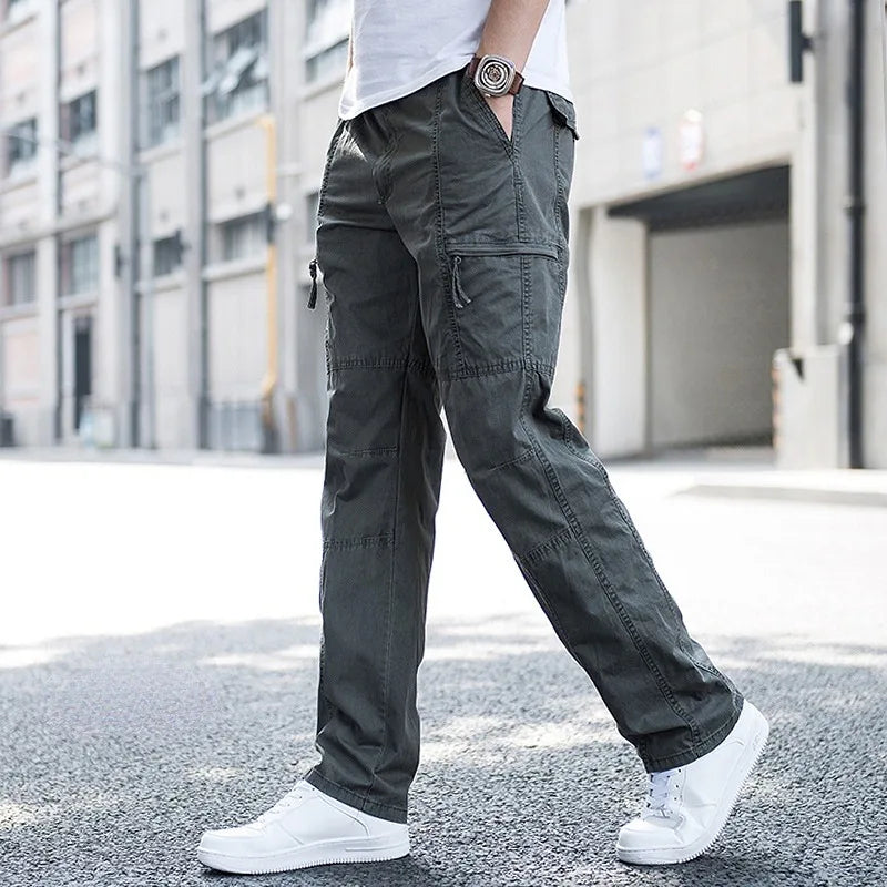 Men's Adjustable Waist Cargo Trousers with Multiple Pockets