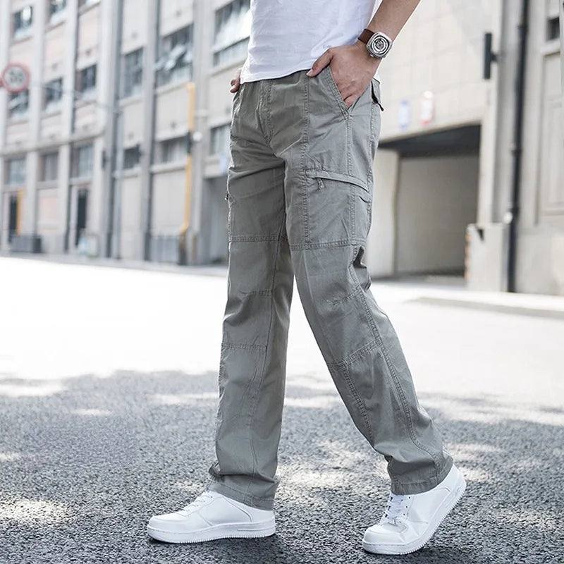 Men's Adjustable Waist Cargo Trousers with Multiple Pockets