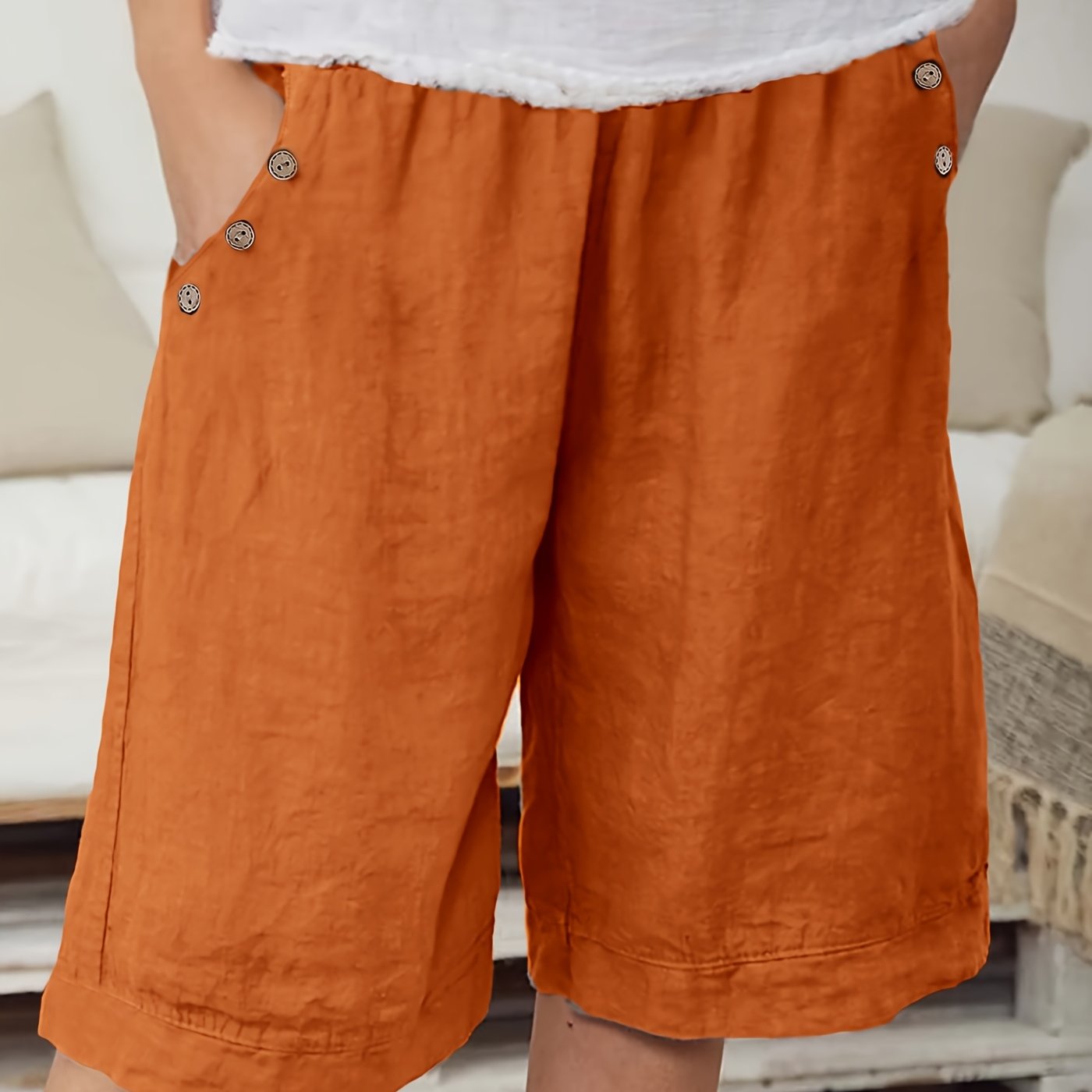 Plus Size Women's Elegant Vacation Shorts with Button Detail