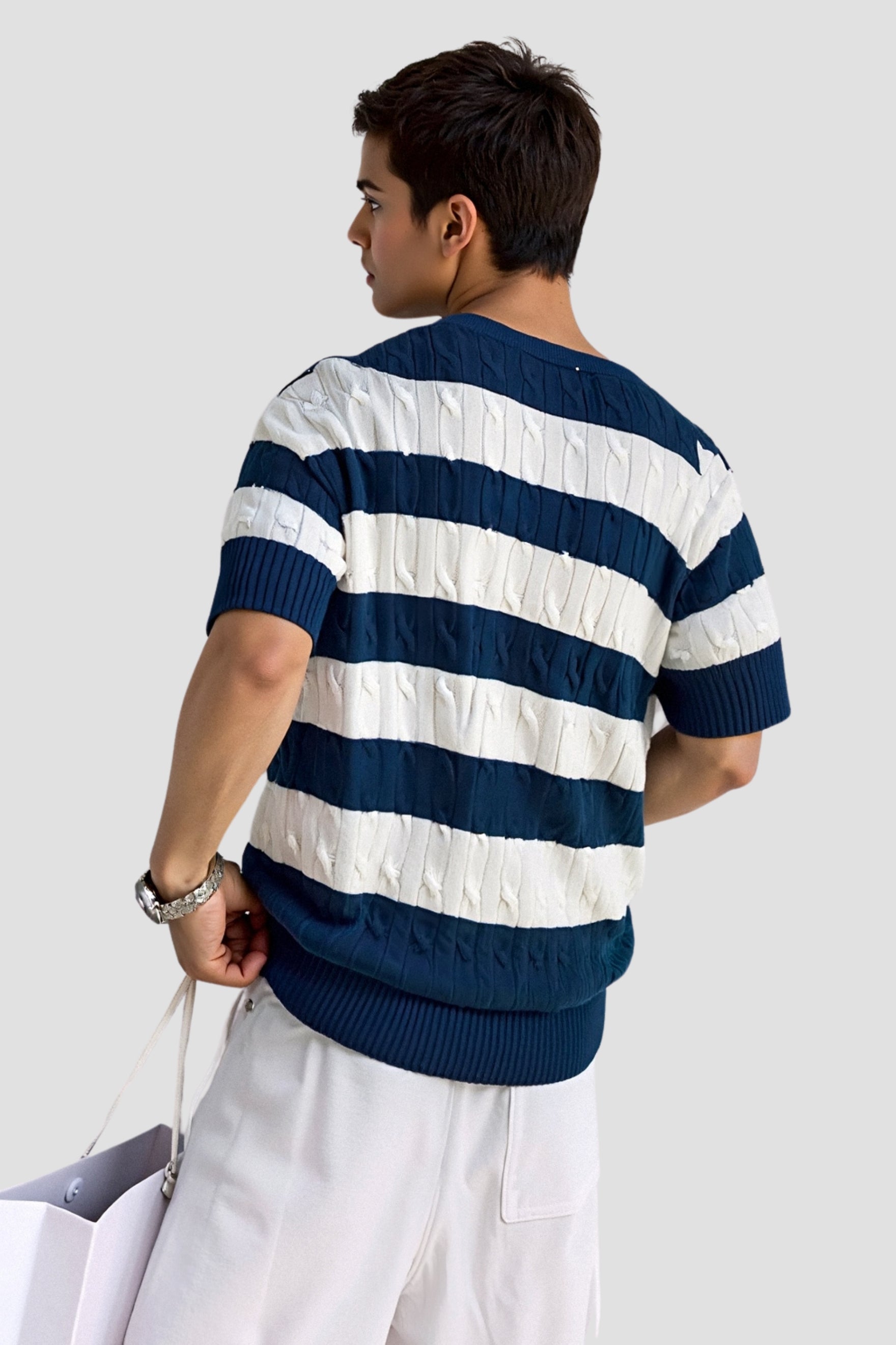 Men's Short Sleeve Striped Sweater Fine Knit Casual Top
