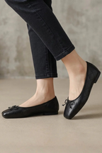 Women's Quilted Square Toe Ballet Flats Slip-On Bow Detail