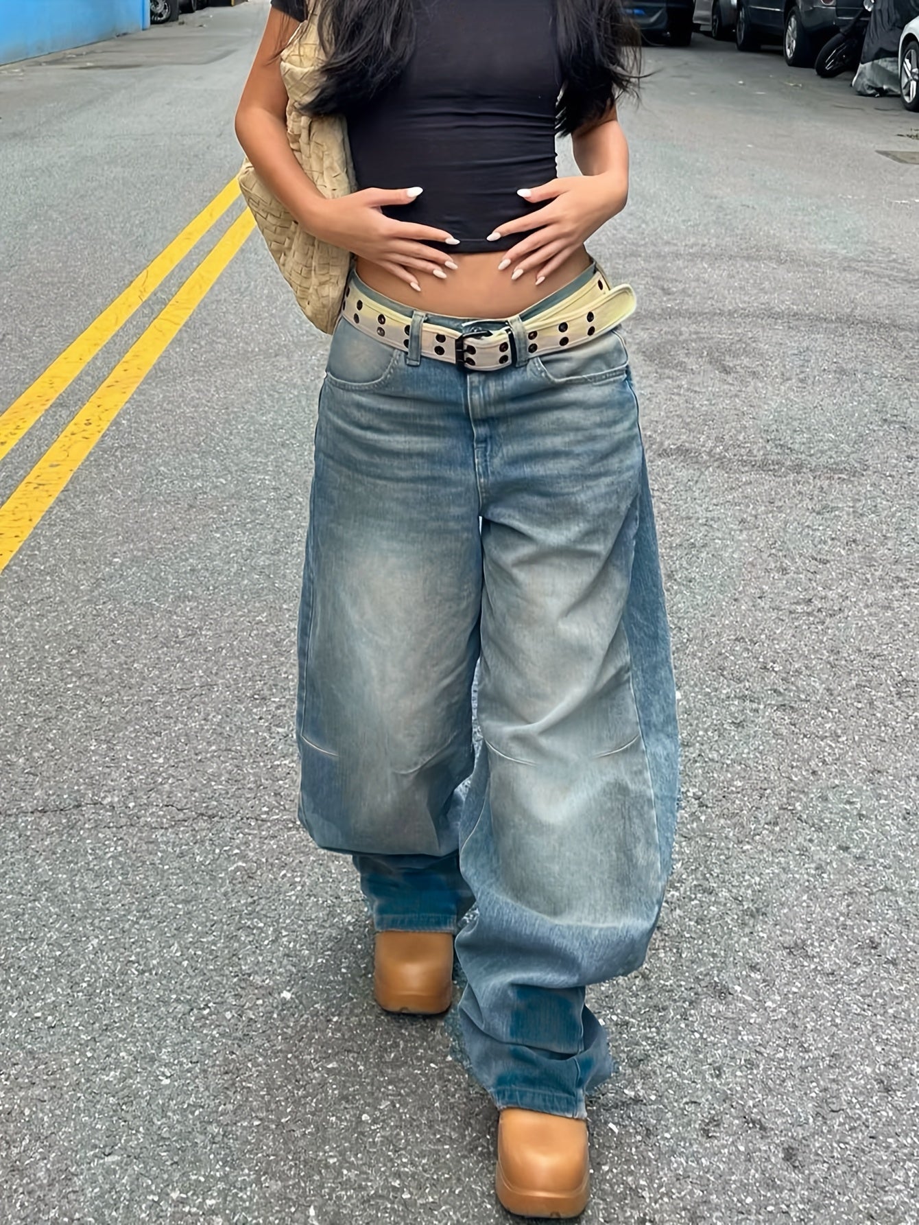 High Waist Non-Elastic Wide Leg Pants Casual Denim Trousers