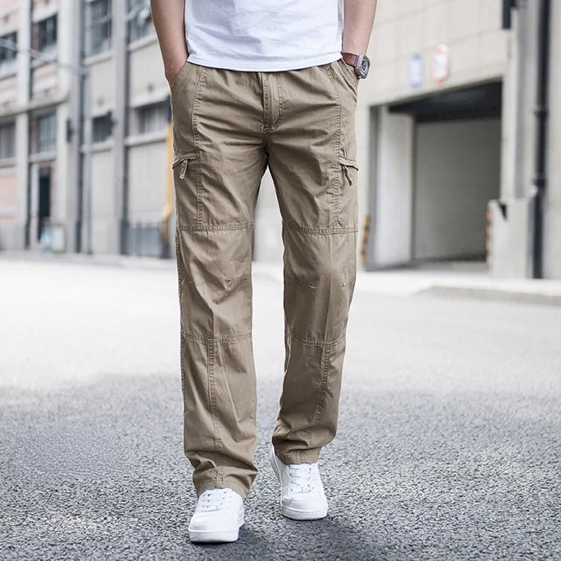 Men's Adjustable Waist Cargo Trousers with Multiple Pockets