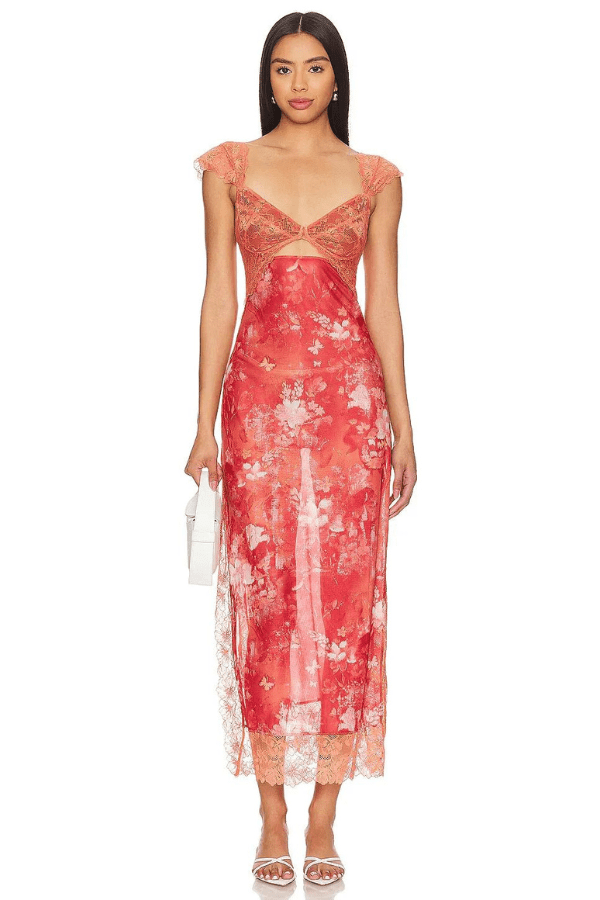 Women's Lace Floral Midi Dress Elegant Sheath Evening Fit