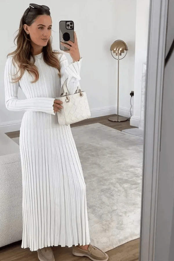 Women's Knit Maxi Dress Ruffle Hem Long Sleeve Fit