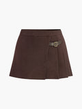 Women's Soft Knit Pleated Mini Skirt With Decorative Buckle