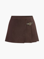 Women's Soft Knit Pleated Mini Skirt With Decorative Buckle