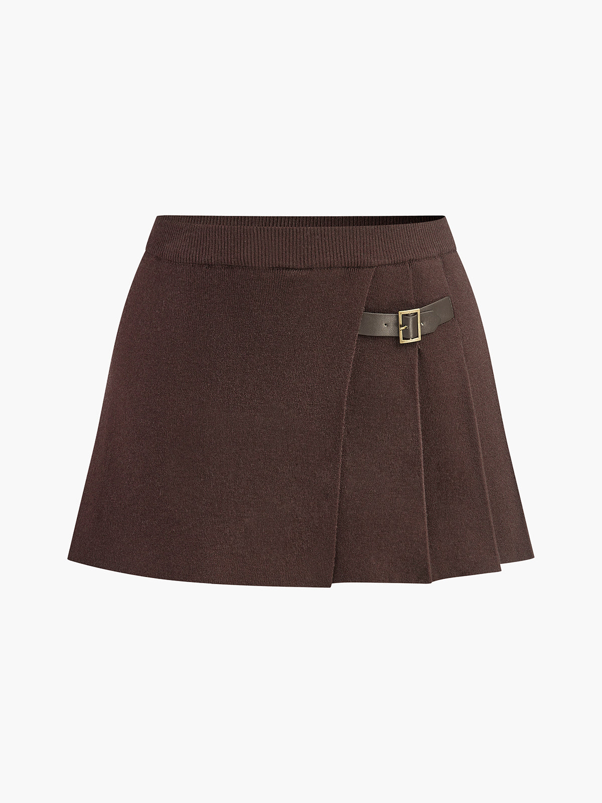 Women's Soft Knit Pleated Mini Skirt With Decorative Buckle