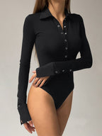 Women's Slim Fit Jersey Bodysuit Long Sleeve Classic Collar