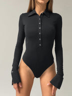 Women's Slim Fit Jersey Bodysuit Long Sleeve Classic Collar