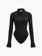 Women's Slim Fit Jersey Bodysuit Long Sleeve Classic Collar