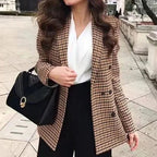 Women's Classic Check Blazer Double Breasted Stylish Jacket