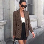 Women's Classic Check Blazer Double Breasted Stylish Jacket